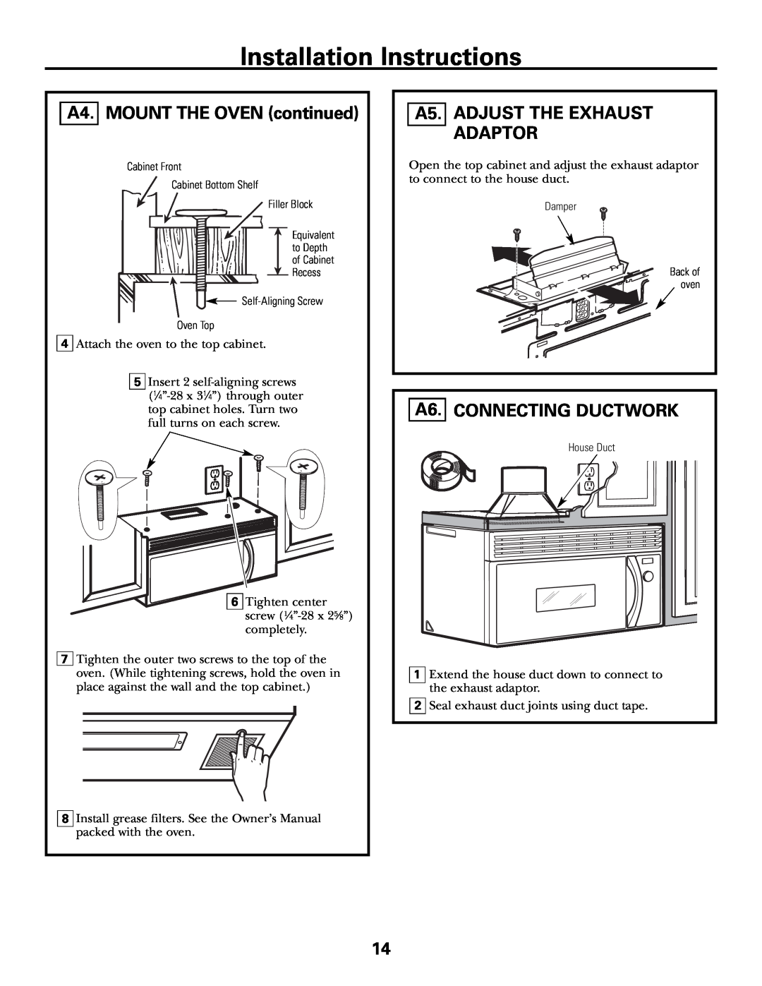 GE JVM1790 installation instructions A4. MOUNT THE OVEN continued, A5. ADJUST THE EXHAUST ADAPTOR, A6. CONNECTING DUCTWORK 