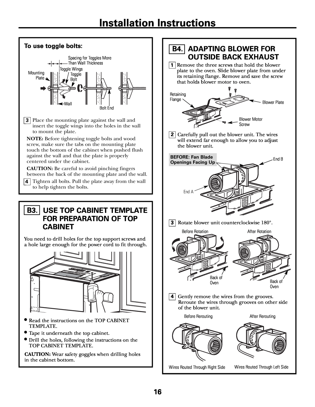 GE JVM1790 B3. USE TOP CABINET TEMPLATE FOR PREPARATION OF TOP CABINET, B4. ADAPTING BLOWER FOR OUTSIDE BACK EXHAUST 