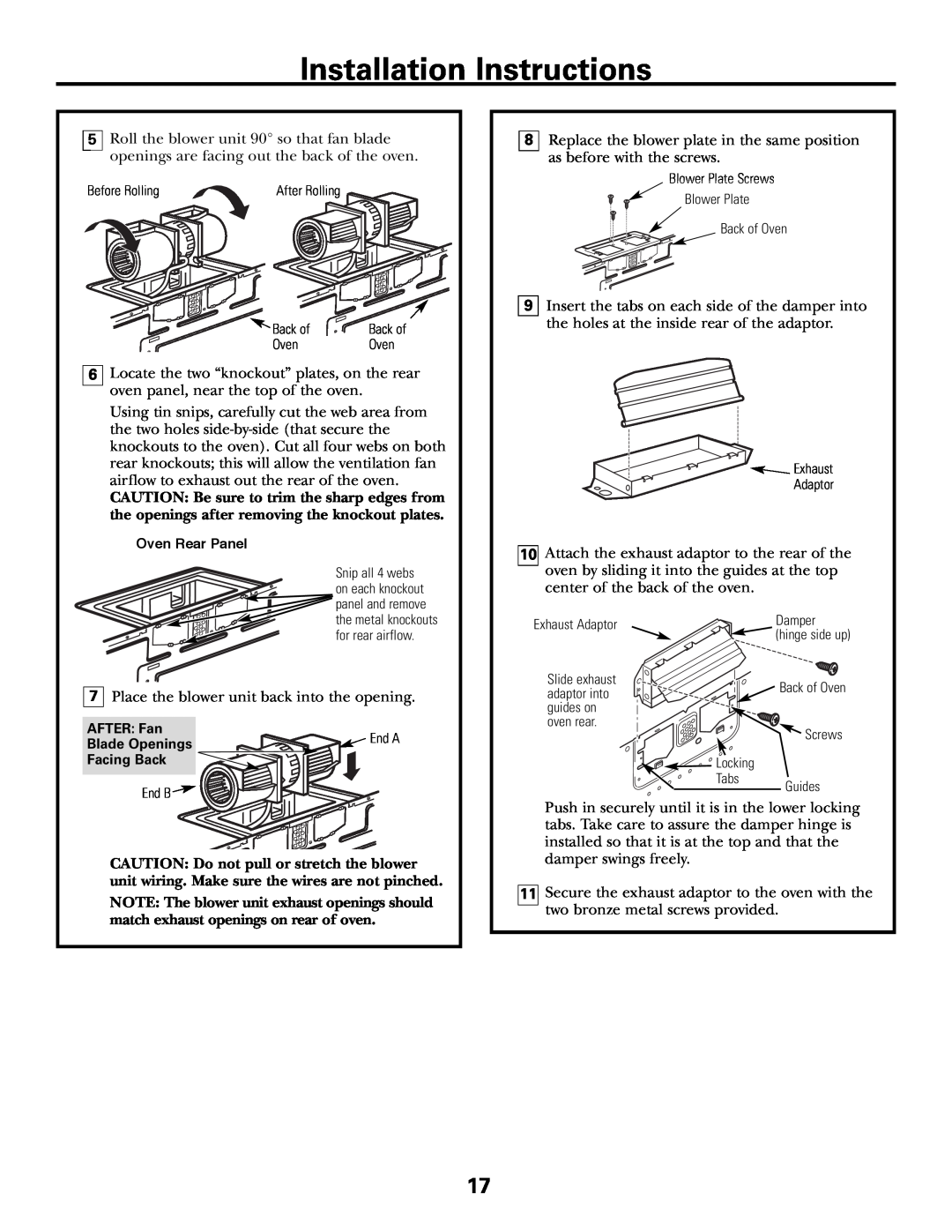 GE JVM1790 installation instructions Installation Instructions, Place the blower unit back into the opening 