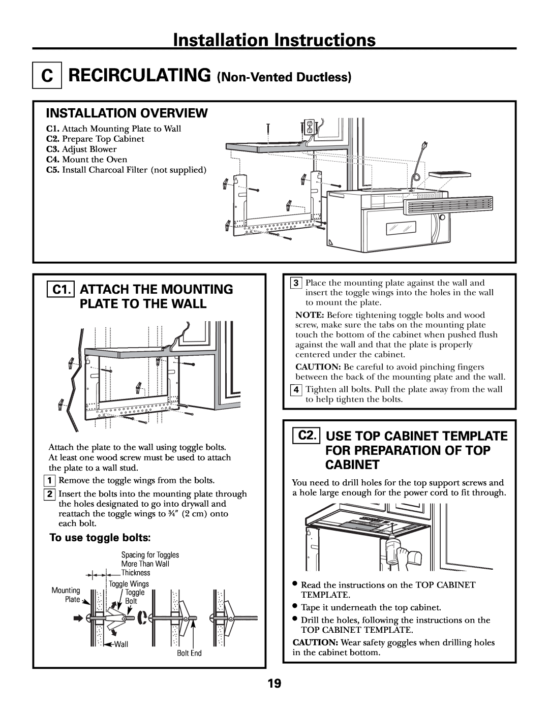 GE JVM1790 RECIRCULATING Non-Vented Ductless, C1. ATTACH THE MOUNTING PLATE TO THE WALL, Installation Instructions 