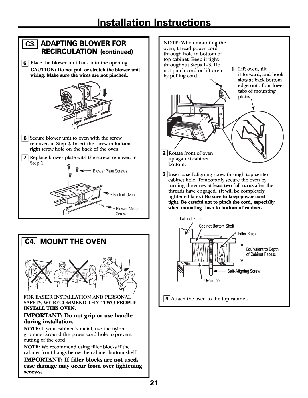 GE JVM1790 C3. ADAPTING BLOWER FOR RECIRCULATION continued, C4. MOUNT THE OVEN, Installation Instructions 