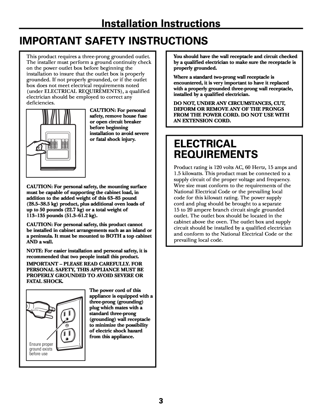 GE JVM1790 installation instructions Installation Instructions IMPORTANT SAFETY INSTRUCTIONS, Electrical Requirements 