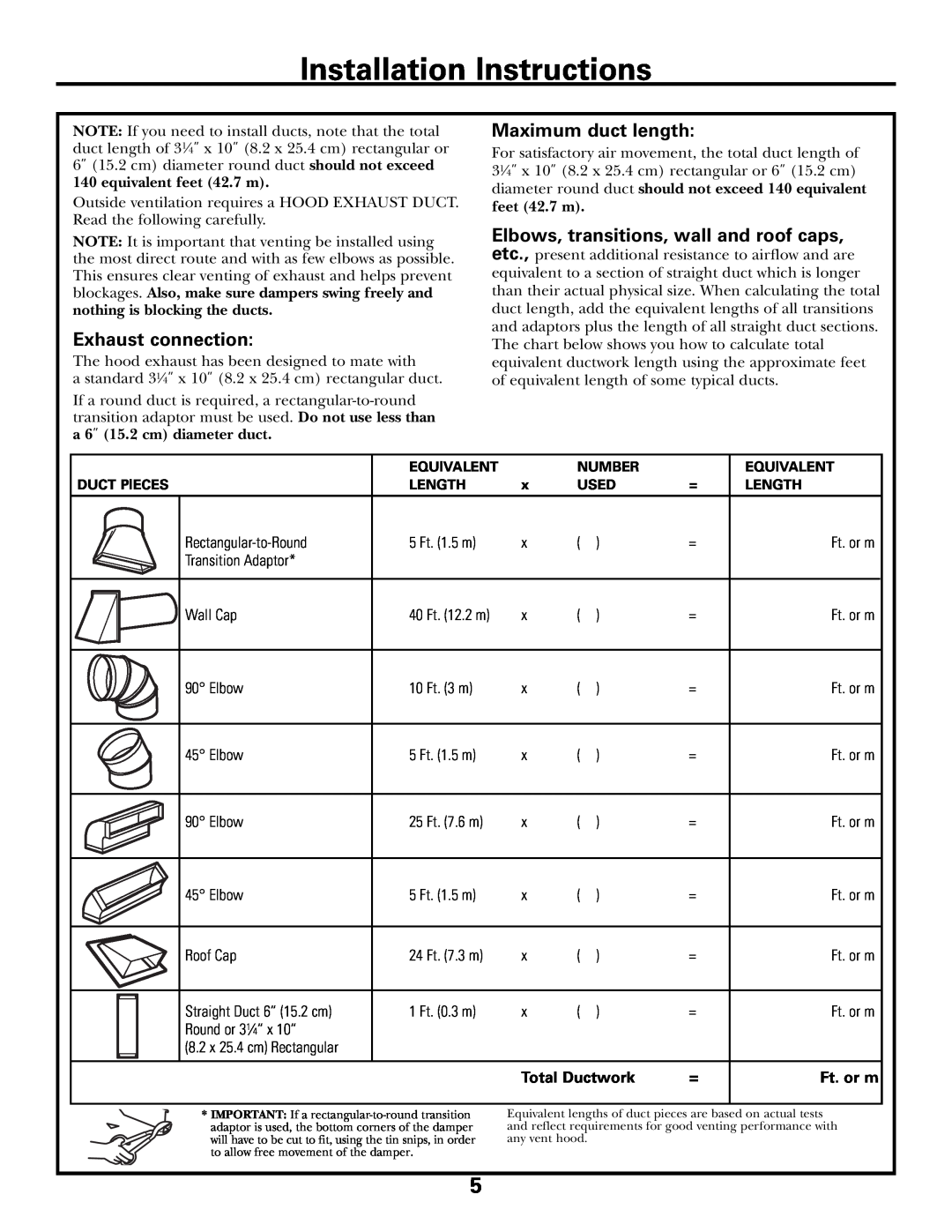 GE JVM1790 Exhaust connection, Maximum duct length, Total Ductwork, Ft. or m, Installation Instructions 