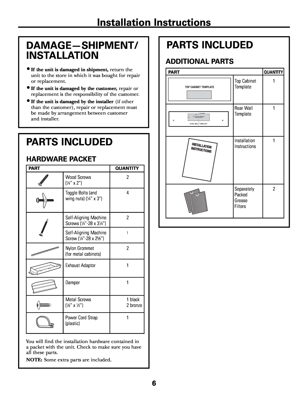 GE JVM1790 Damage-Shipment/ Installation, Parts Included, Additional Parts, Hardware Packet, Installation Instructions 