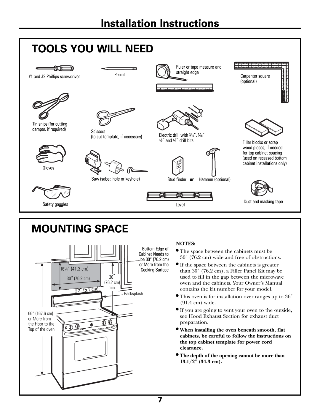 GE JVM1790 installation instructions Installation Instructions TOOLS YOU WILL NEED, Mounting Space 