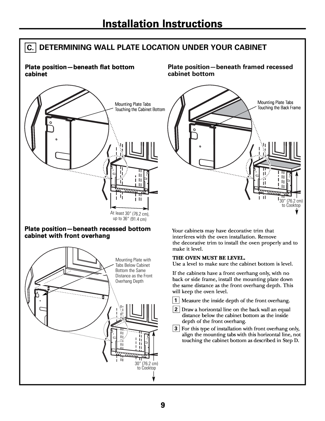 GE JVM1790 C. Determining Wall Plate Location Under Your Cabinet, Plate position-beneath flat bottom, cabinet 