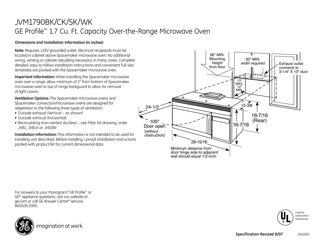 GE JVM1790SK dimensions Dimensions and Installation Information in inches, Specification Revised 8/07 