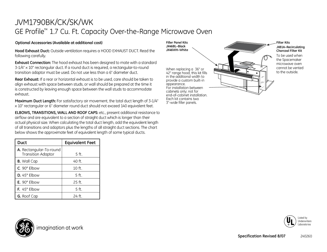 GE JVM1790SK dimensions Duct Equivalent Feet, Optional Accessories Available at additional cost 