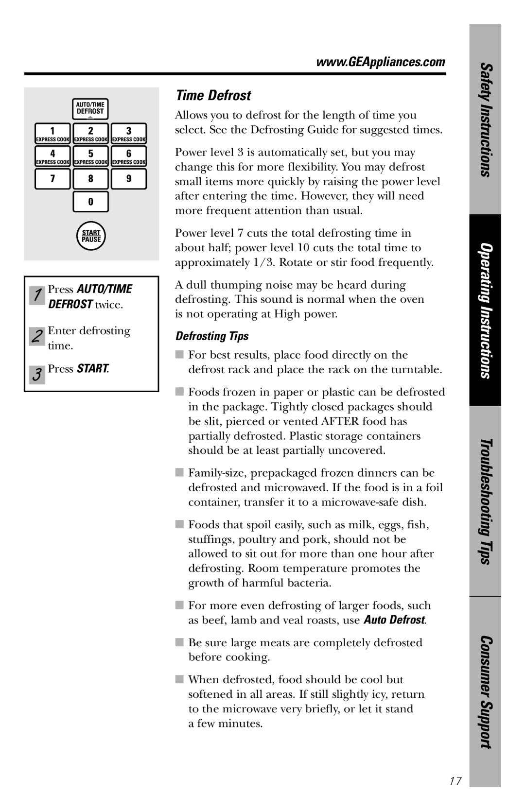 GE JVM1840 owner manual Time Defrost, Defrosting Tips 