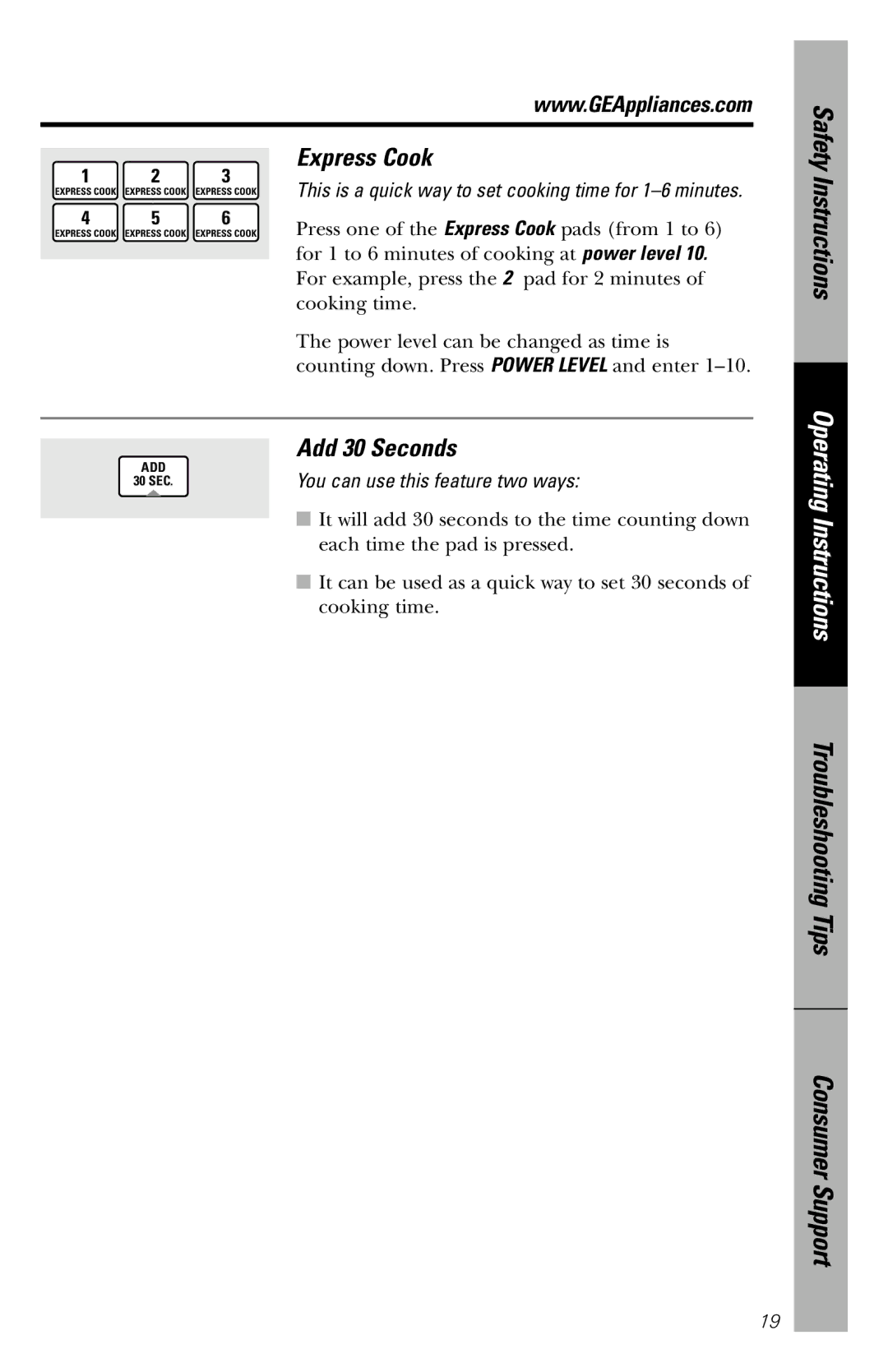 GE JVM1840 owner manual Express Cook, Add 30 Seconds 