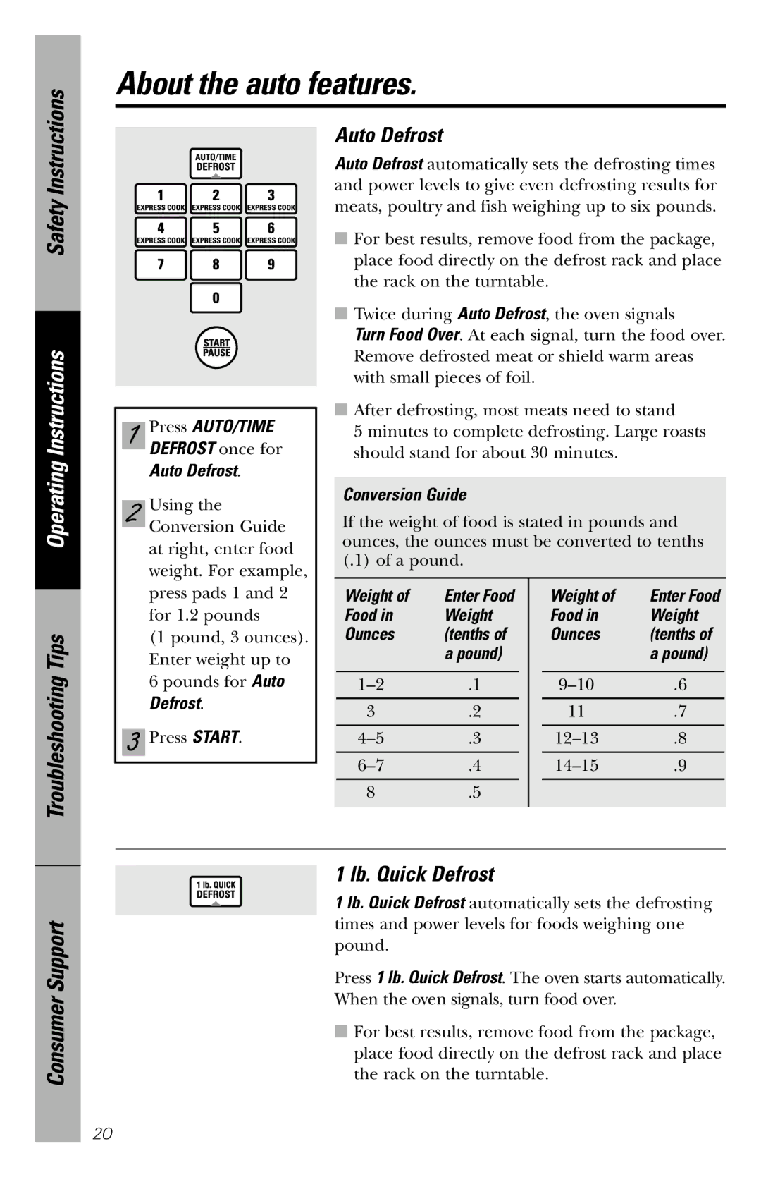 GE JVM1840 owner manual About the auto features, Auto Defrost, Lb. Quick Defrost 