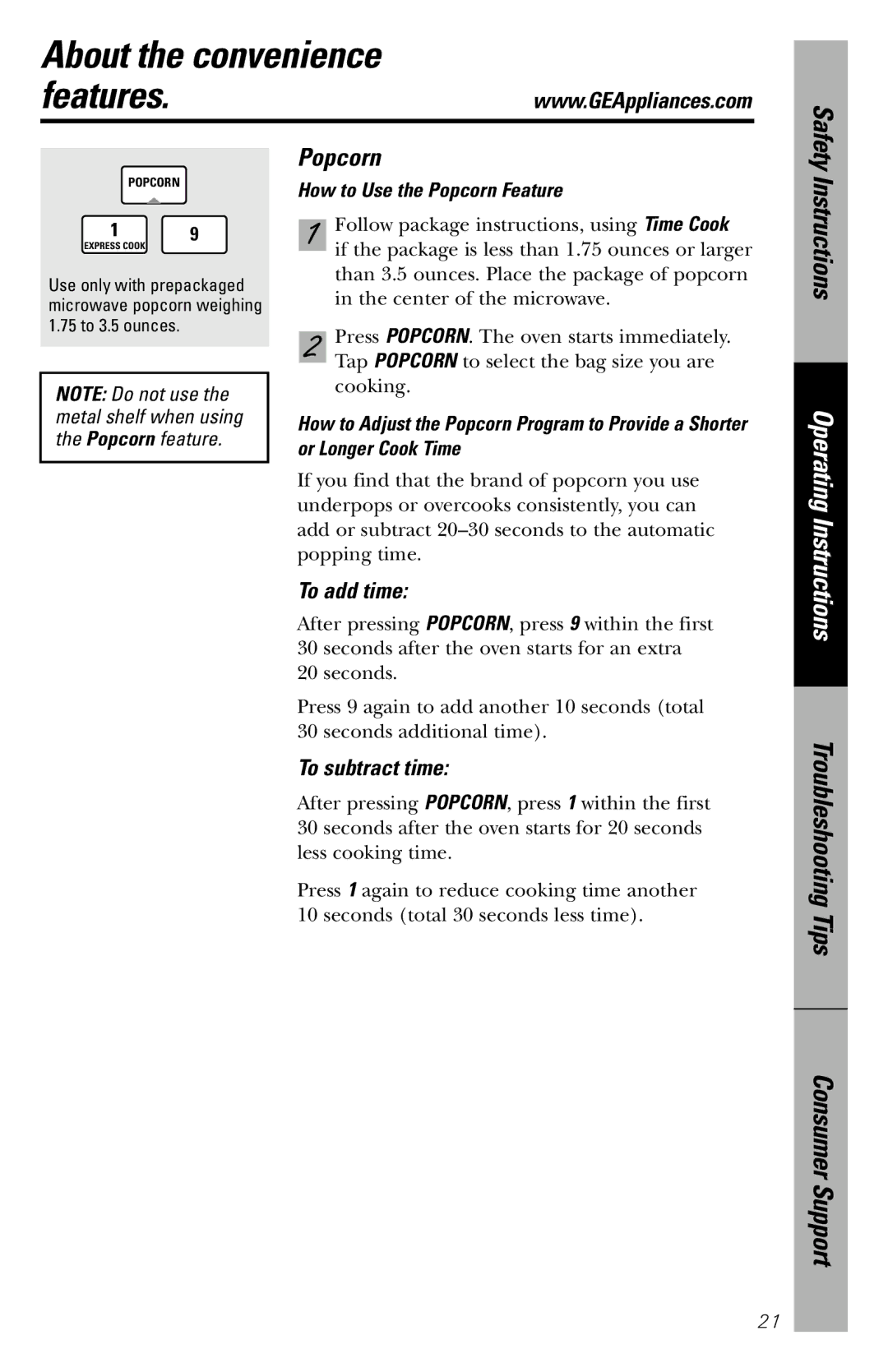 GE JVM1840 owner manual About the convenience, To add time, To subtract time, How to Use the Popcorn Feature 