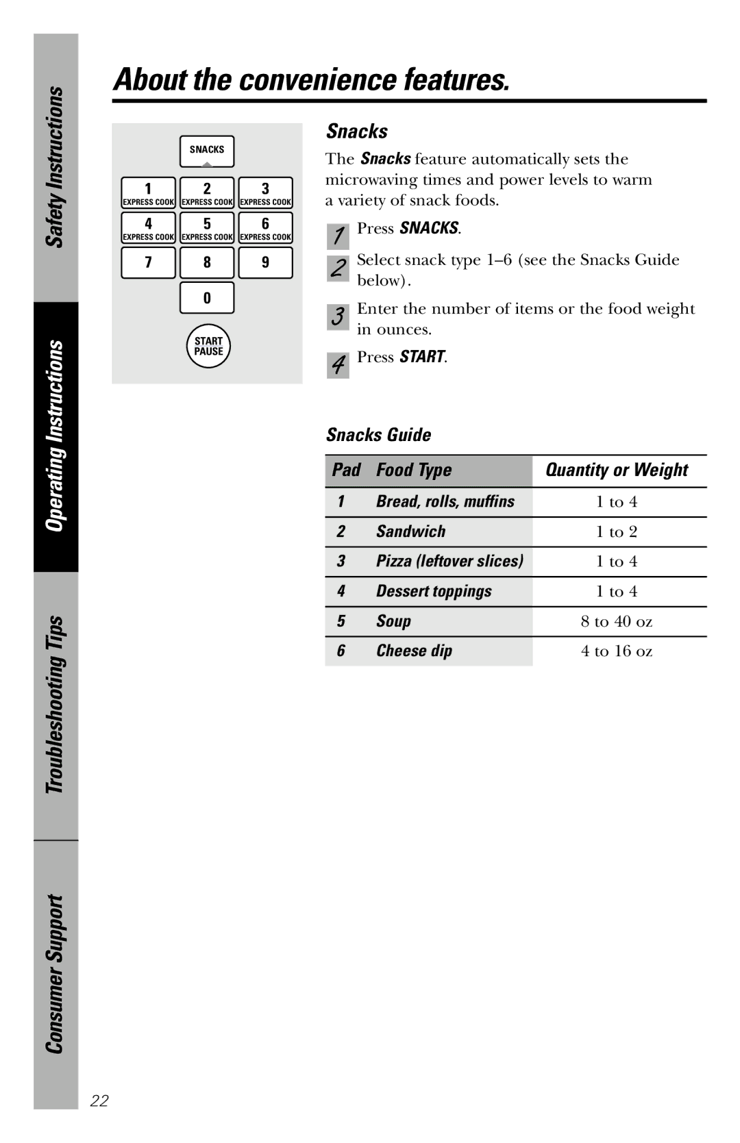 GE JVM1840 owner manual About the convenience features, Snacks Guide Pad Food Type 