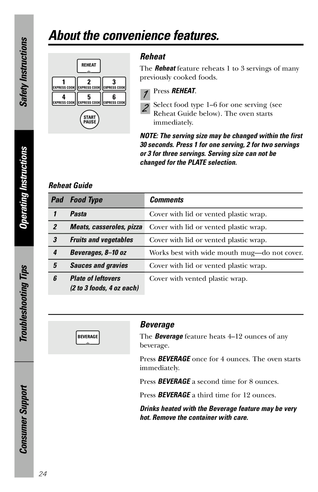 GE JVM1840 owner manual Beverage, Reheat Guide Pad Food Type Comments 