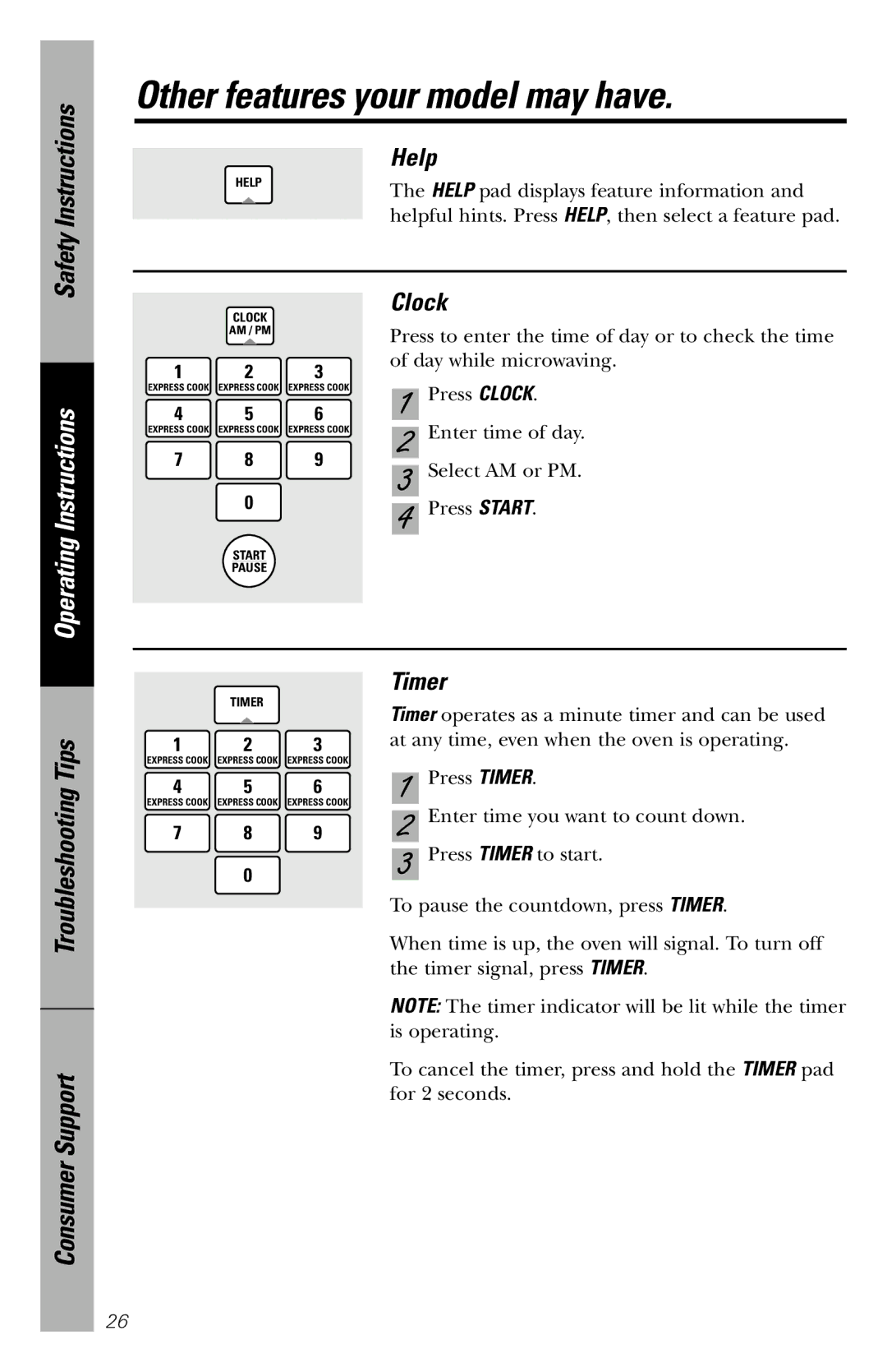 GE JVM1840 owner manual Other features your model may have, Help, Clock, Timer 