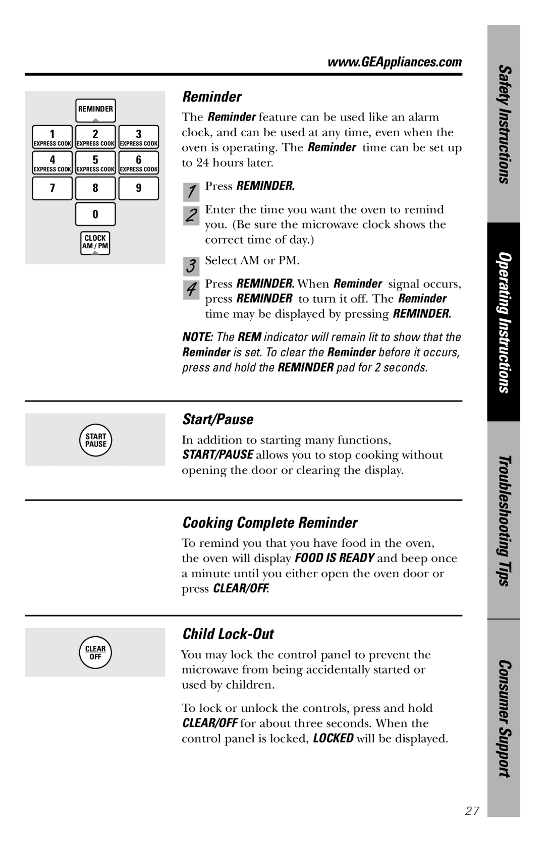 GE JVM1840 owner manual Start/Pause, Cooking Complete Reminder, Child Lock-Out, Press Reminder 