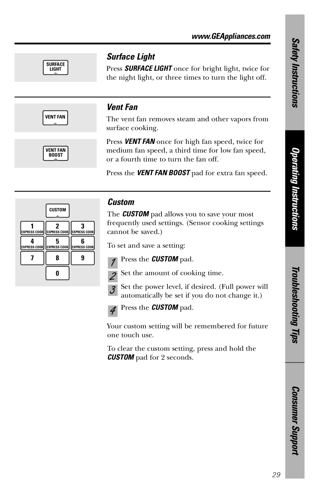 GE JVM1840 owner manual Surface Light, Vent Fan, Custom 