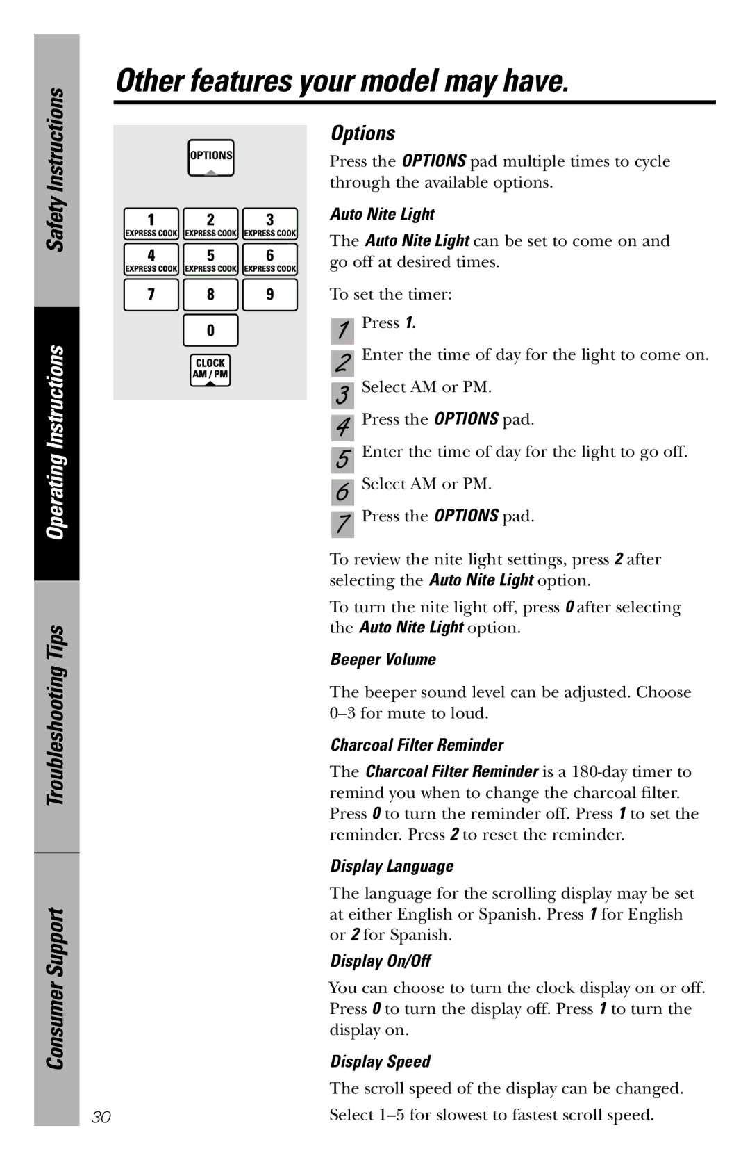 GE JVM1840 owner manual Options, Auto Nite Light, Beeper Volume, Display On/Off, Display Speed 