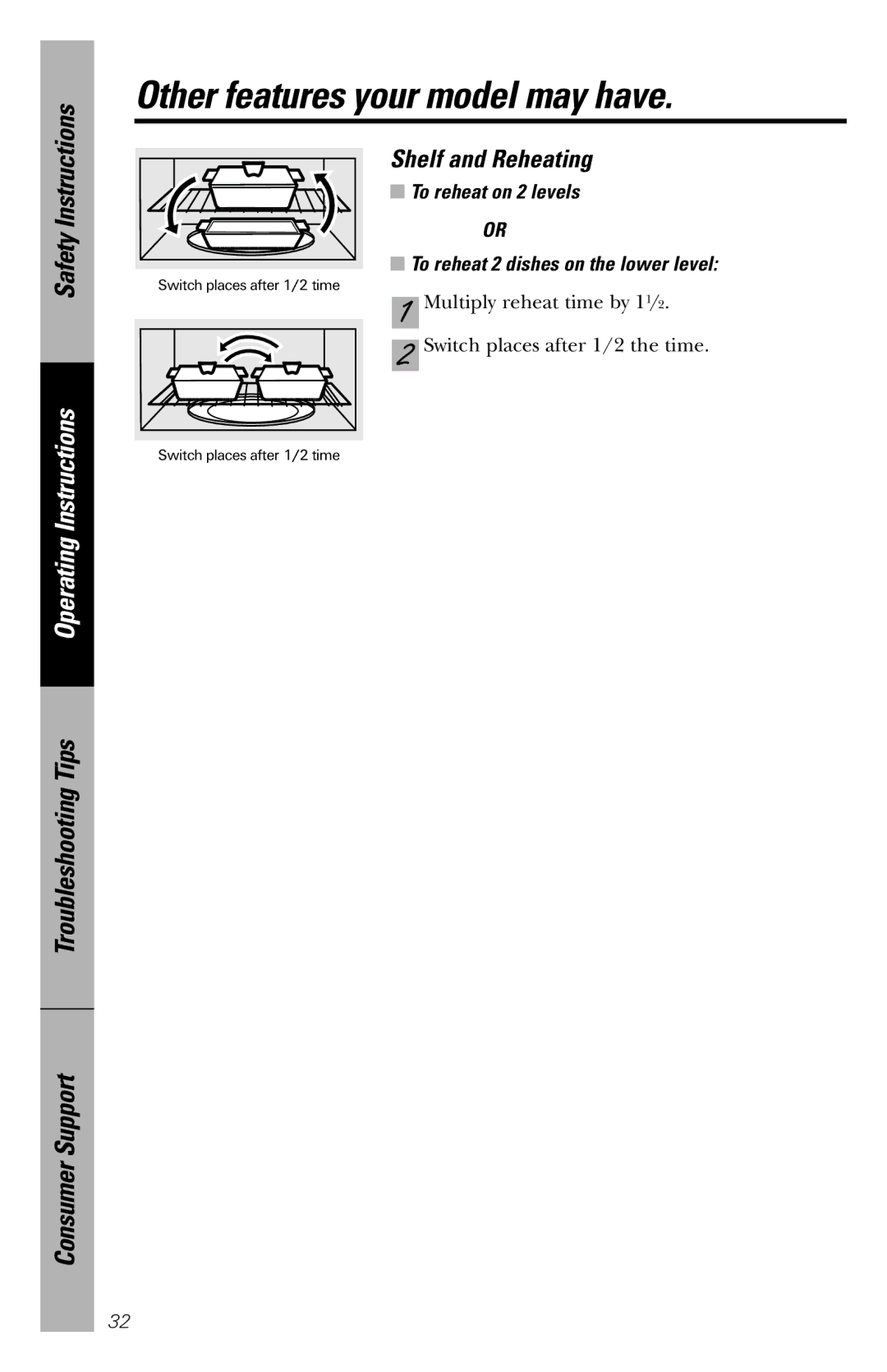 GE JVM1840 owner manual Shelf and Reheating, To reheat on 2 levels To reheat 2 dishes on the lower level 