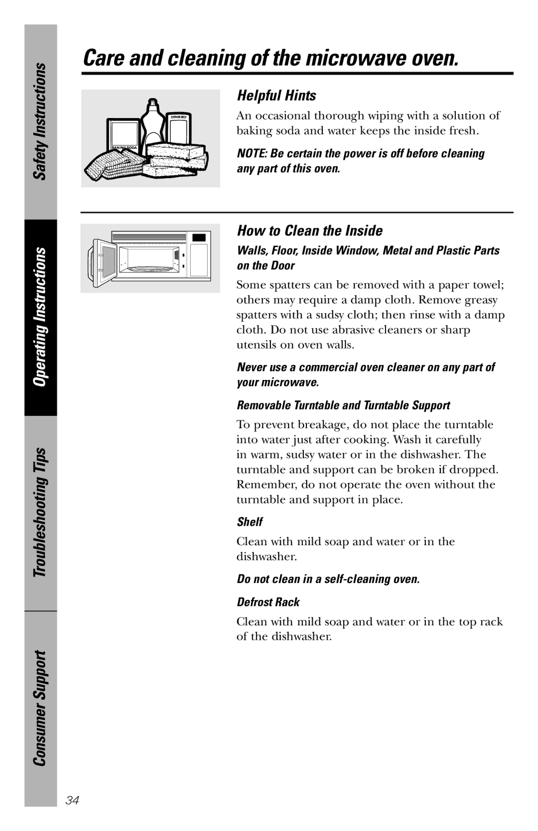 GE JVM1840 owner manual Helpful Hints, How to Clean the Inside, Shelf, Do not clean in a self-cleaning oven Defrost Rack 