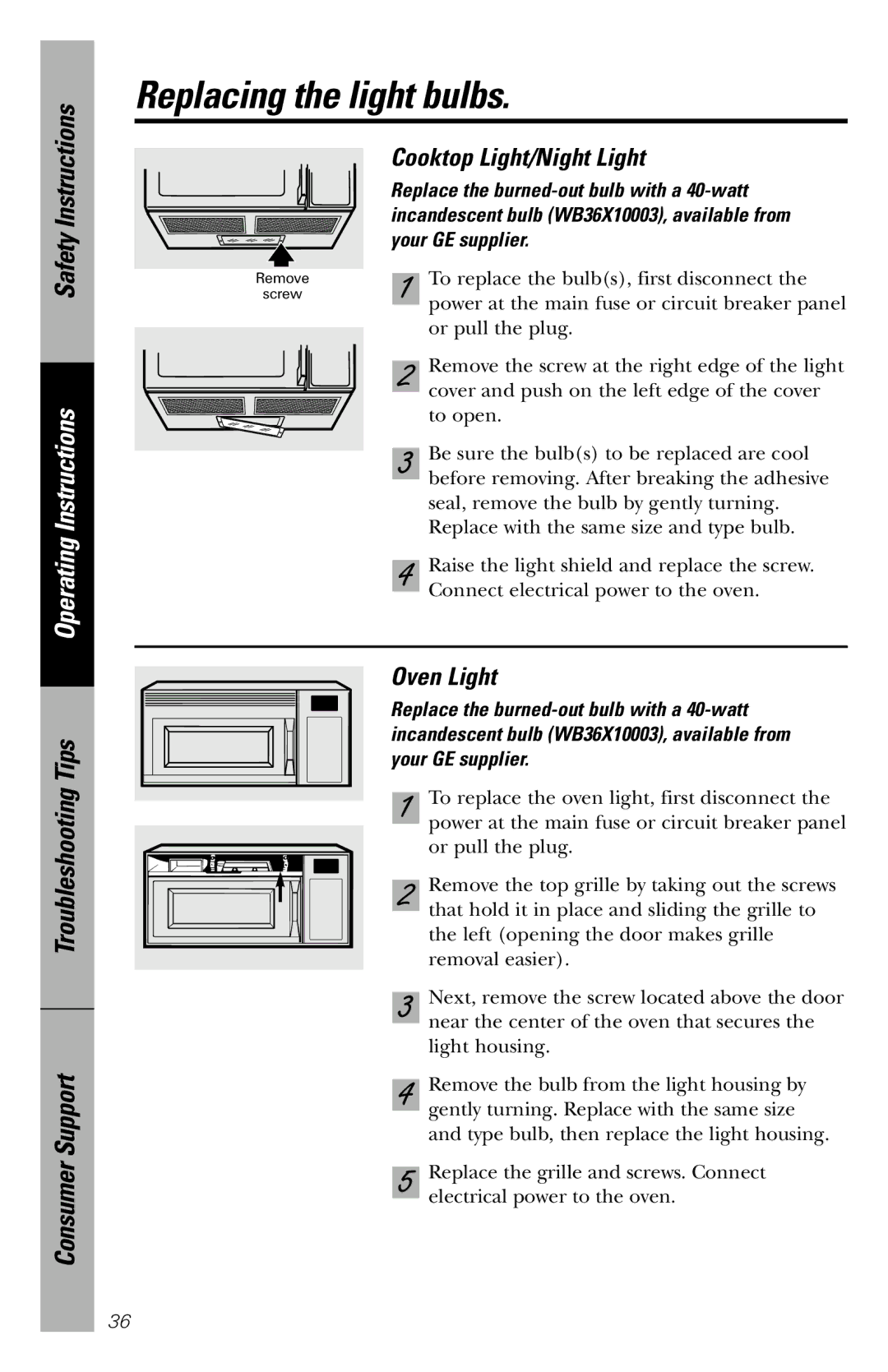 GE JVM1840 owner manual Replacing the light bulbs, Cooktop Light/Night Light, Oven Light 