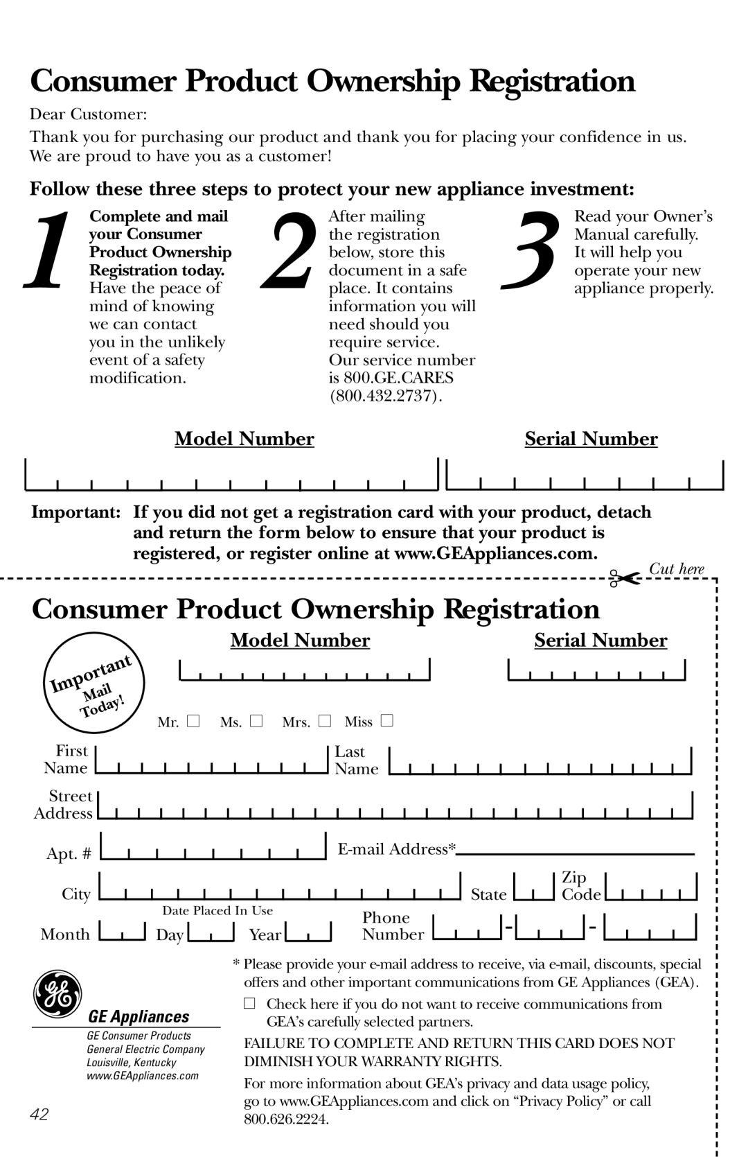 GE JVM1840 owner manual Consumer Product Ownership Registration, GE Appliances 