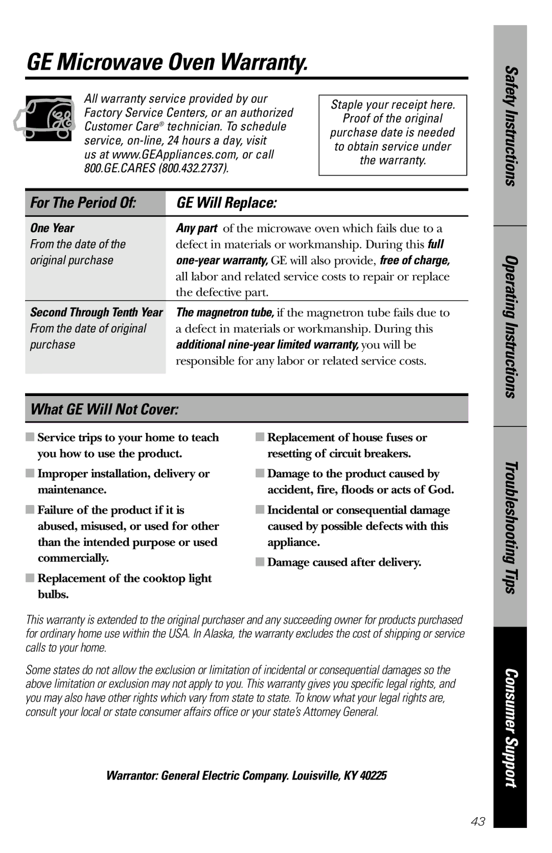 GE JVM1840 owner manual GE Microwave Oven Warranty, Instructions For The Period GE Will Replace, What GE Will Not Cover 