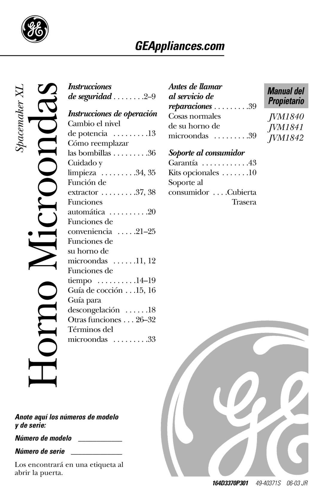 GE JVM1840 owner manual Horno 