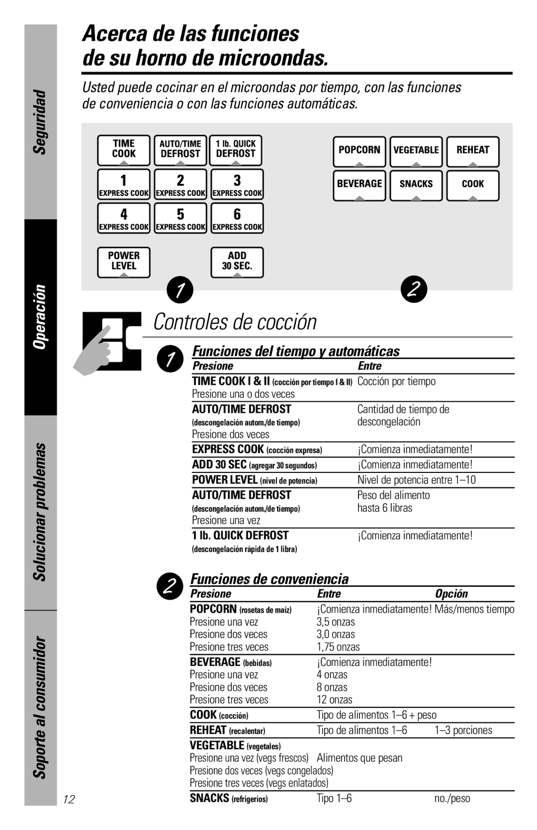 GE JVM1840 owner manual Funciones del tiempo y automáticas, Funciones de conveniencia, Presione Entre Opción 