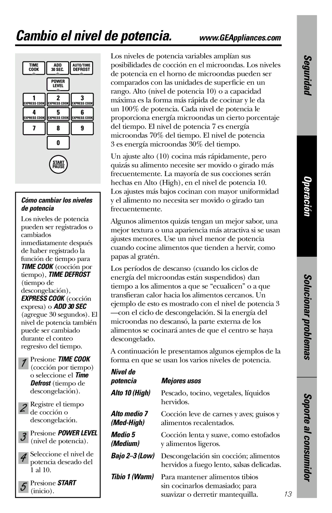 GE JVM1840 owner manual Nivel de Potencia Mejores usos Alto 10 High, Alto medio, Medio 