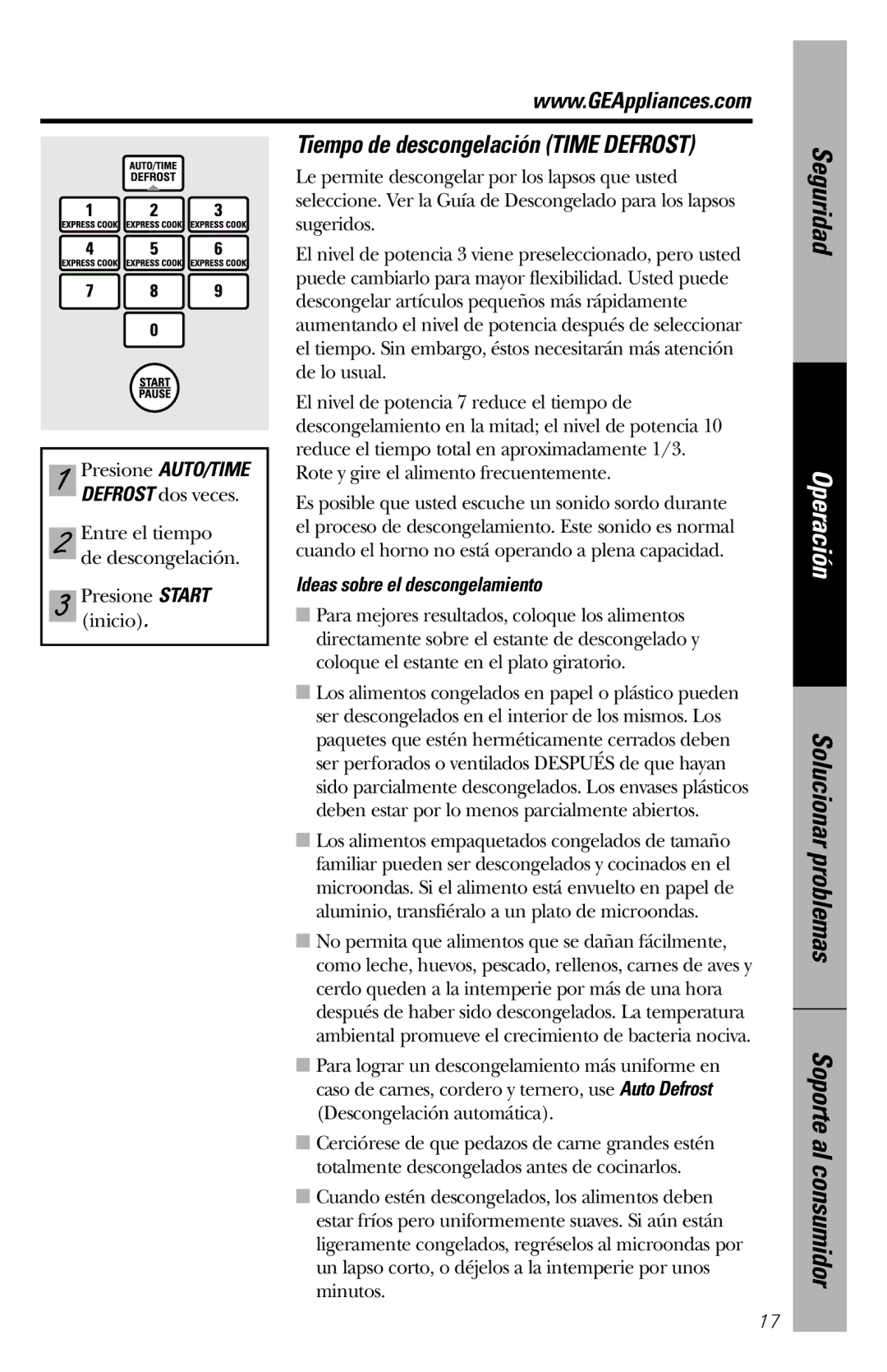 GE JVM1840 owner manual Tiempo de descongelación Time Defrost, Ideas sobre el descongelamiento 