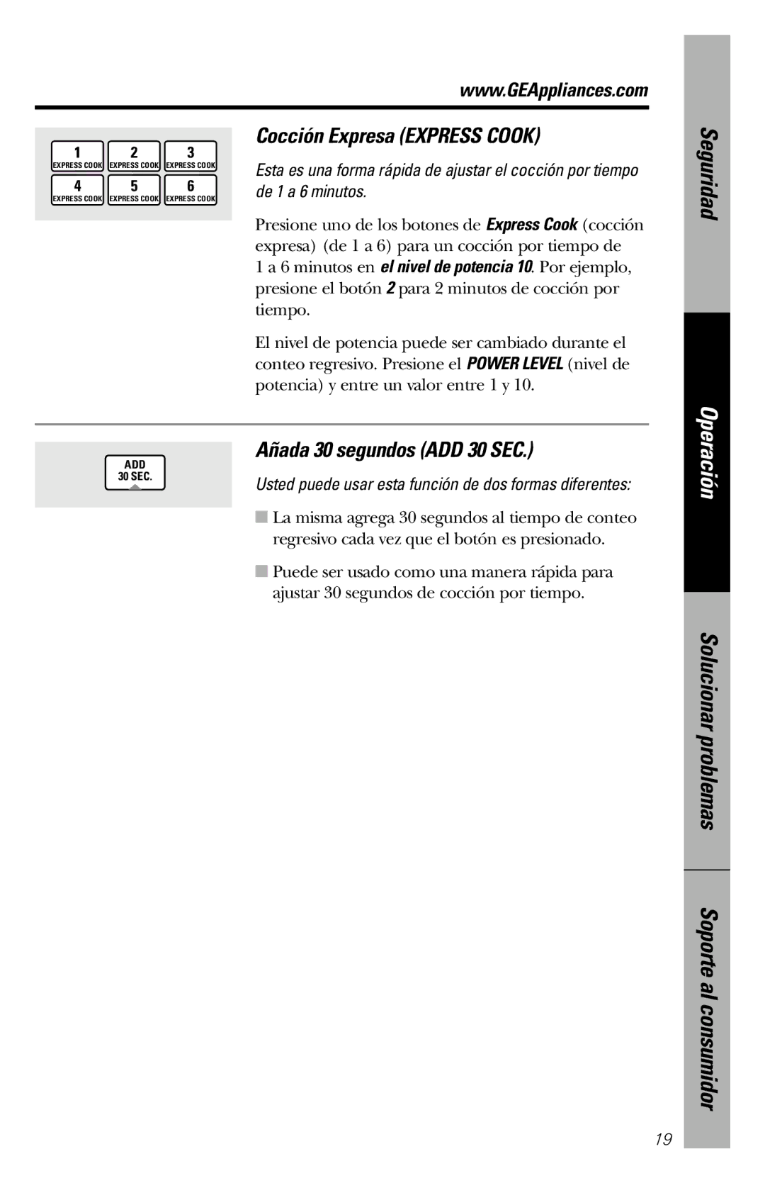 GE JVM1840 owner manual Cocción Expresa Express Cook, Añada 30 segundos ADD 30 SEC 