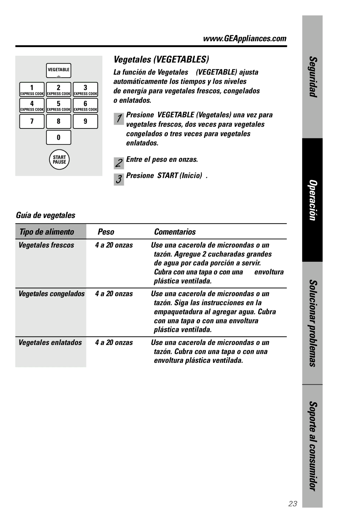 GE JVM1840 owner manual Vegetales Vegetables, Guía de vegetales, Tipo de alimento Peso Comentarios, Vegetales frescos 