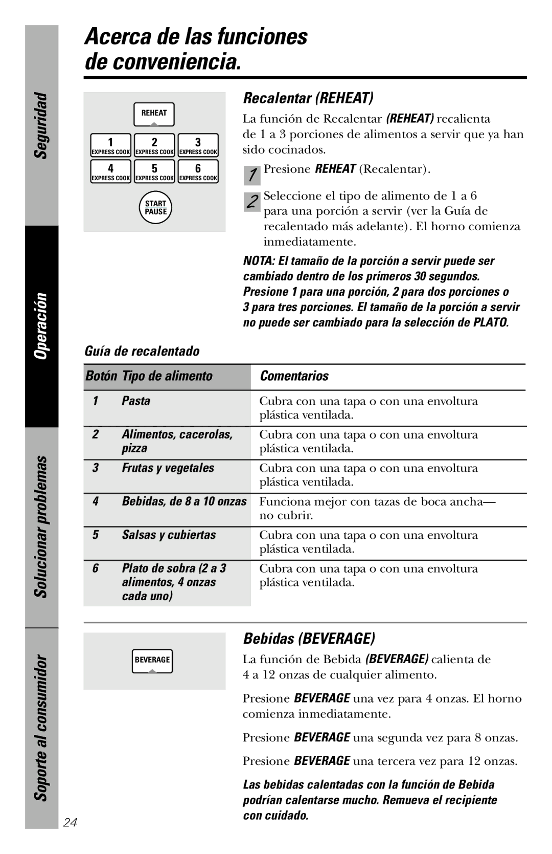 GE JVM1840 owner manual Recalentar Reheat, Bebidas Beverage, Guía de recalentado Botón Tipo de alimento Comentarios 