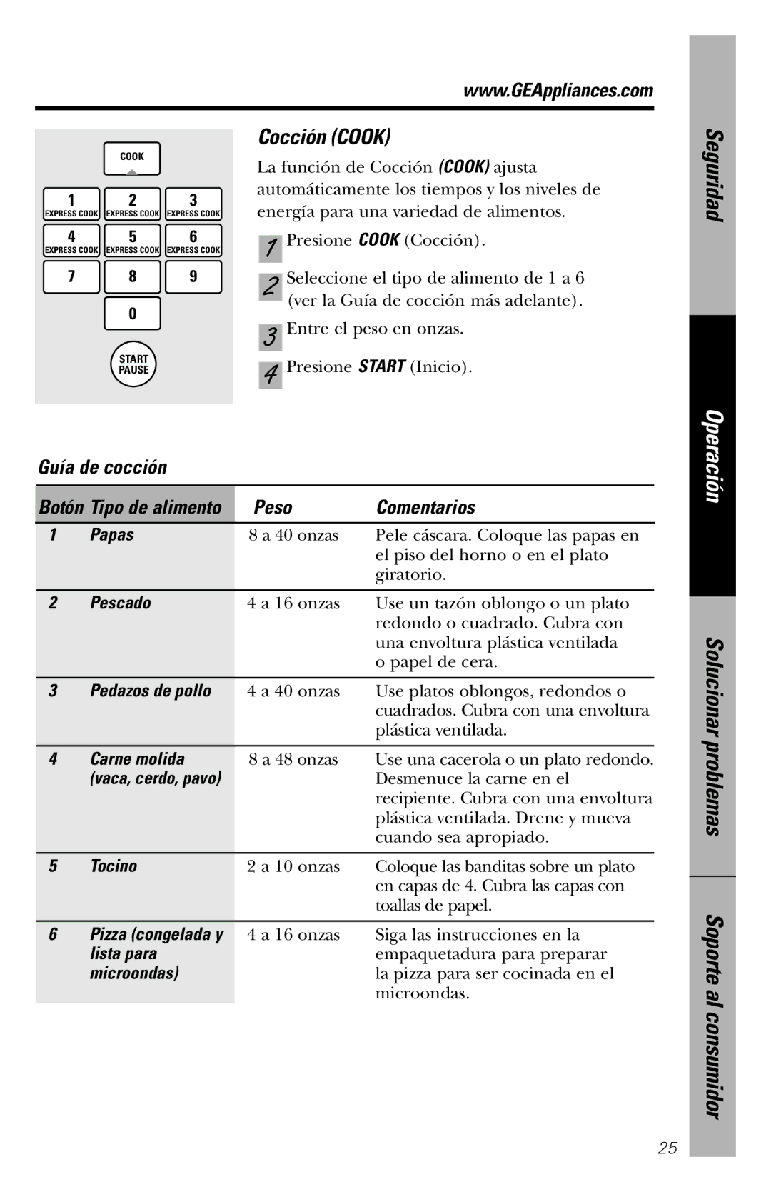 GE JVM1840 owner manual Cocción Cook, Guía de cocción, Peso Comentarios 