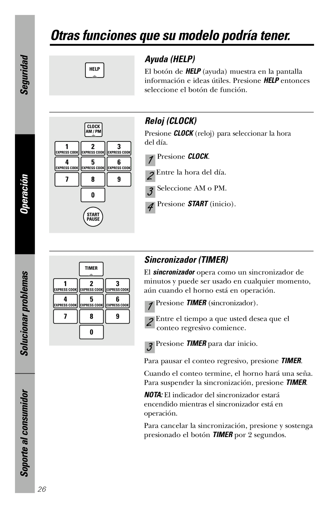 GE JVM1840 owner manual Ayuda Help, Reloj Clock, Sincronizador Timer 