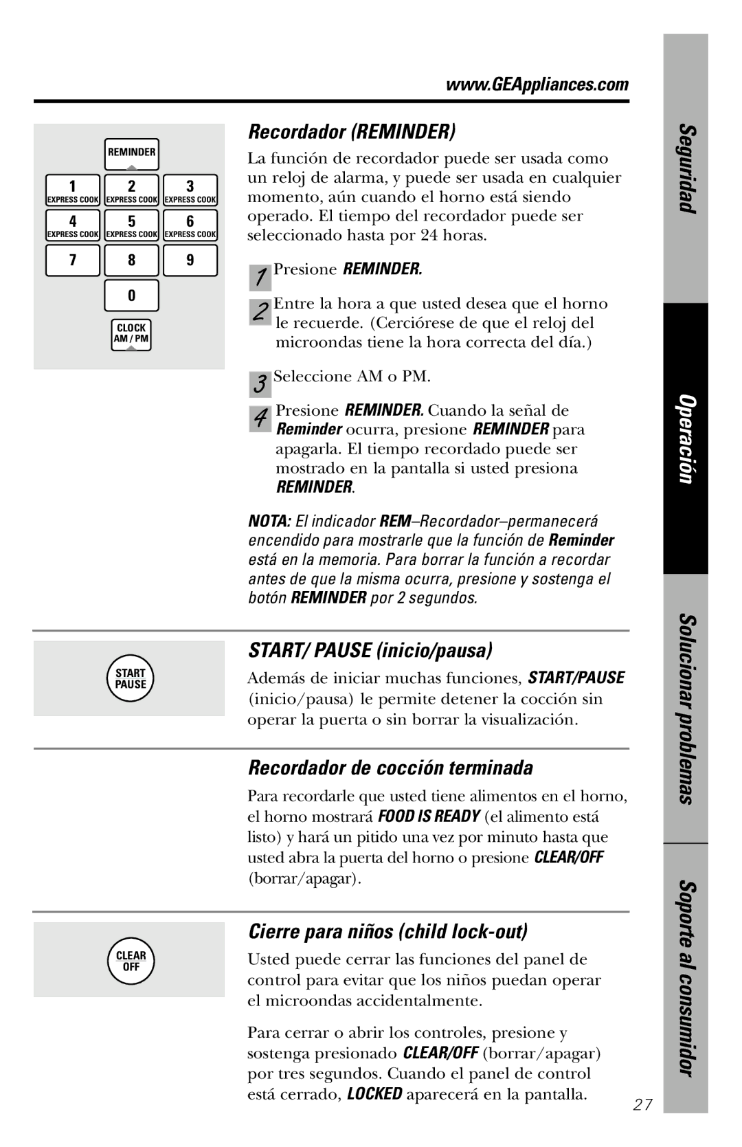 GE JVM1840 owner manual Recordador Reminder, START/ Pause inicio/pausa, Recordador de cocción terminada 