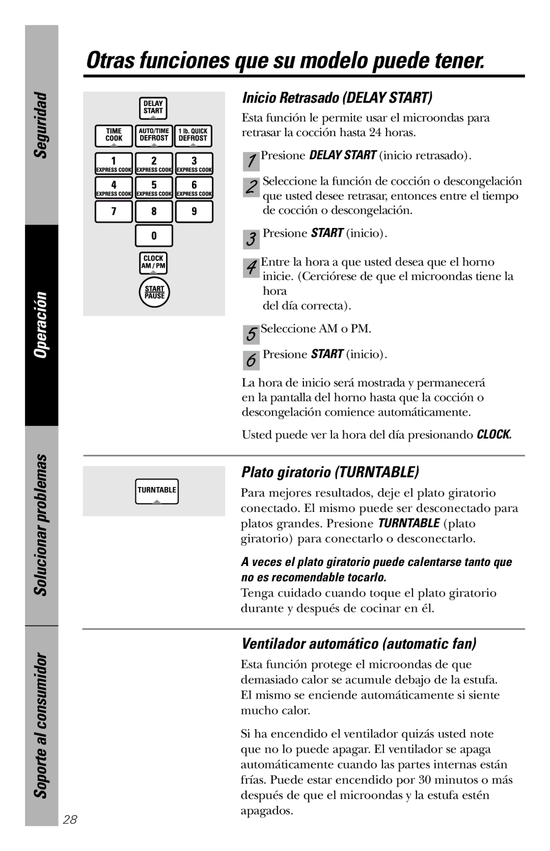 GE JVM1840 owner manual Inicio Retrasado Delay Start, Plato giratorio Turntable, Ventilador automático automatic fan 