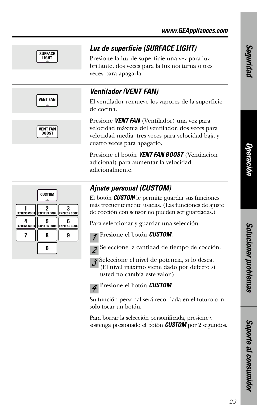 GE JVM1840 owner manual Luz de superficie Surface Light, Ventilador Vent FAN, Ajuste personal Custom 