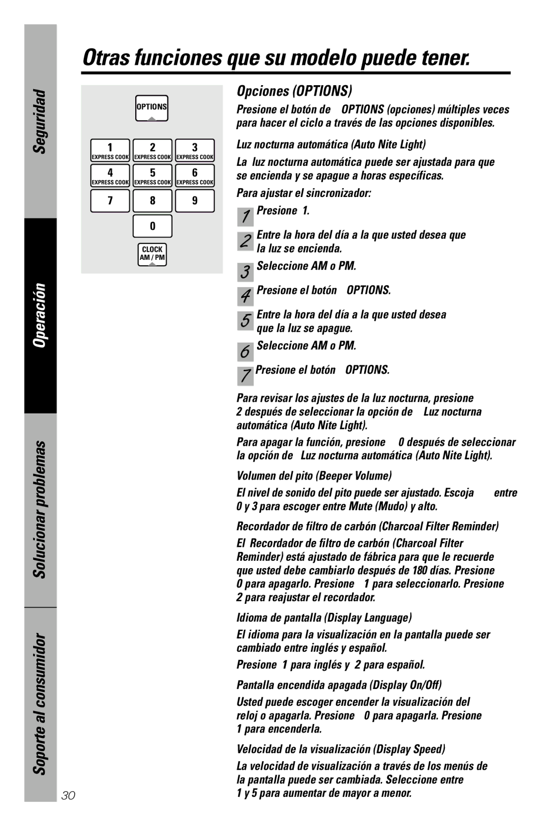 GE JVM1840 owner manual Opciones Options 