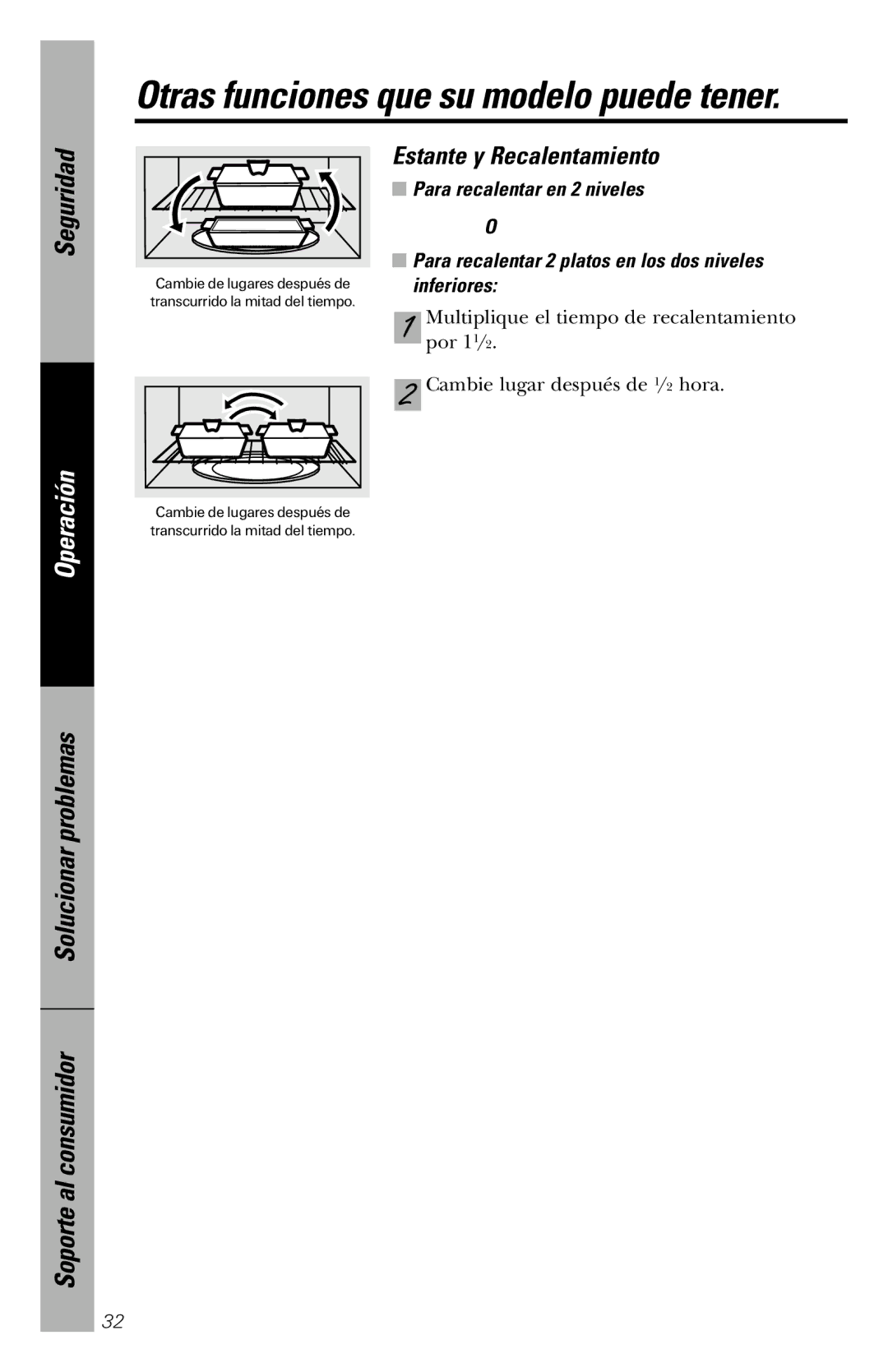 GE JVM1840 owner manual Estante y Recalentamiento, Para recalentar en 2 niveles, Inferiores 