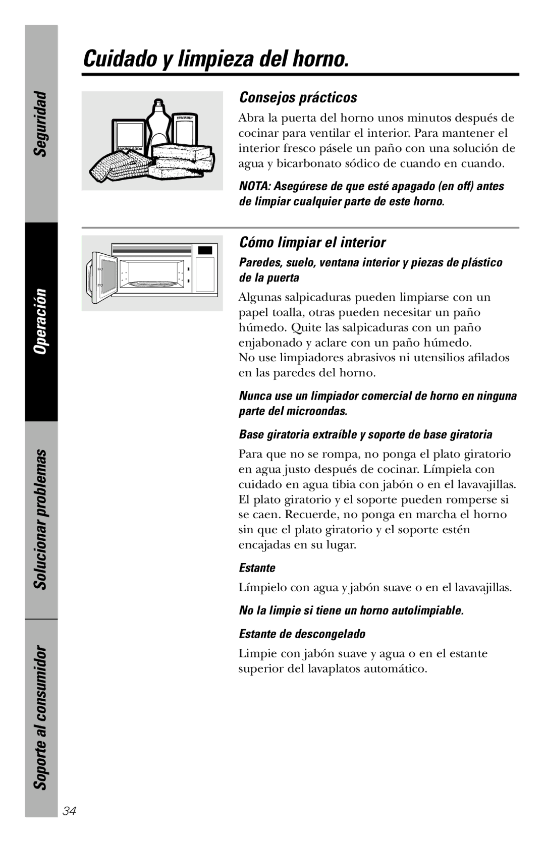 GE JVM1840 owner manual Cuidado y limpieza del horno, Consejos prácticos, Cómo limpiar el interior, Estante 