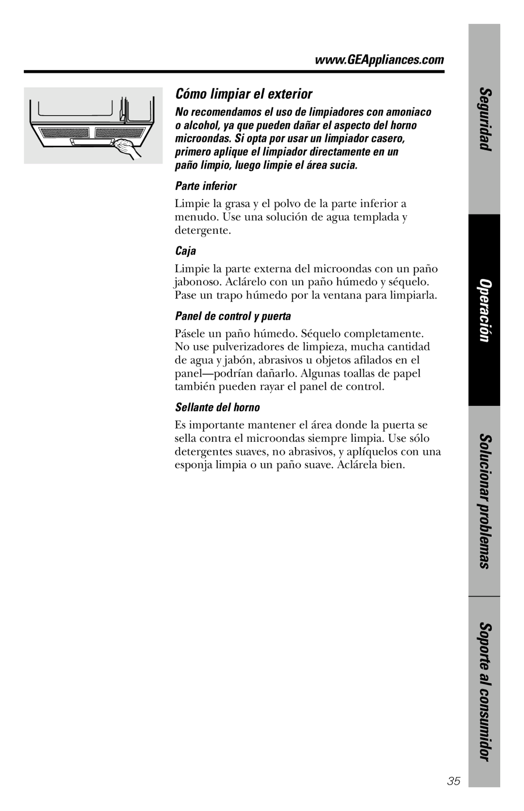 GE JVM1840 owner manual Cómo limpiar el exterior, Parte inferior, Caja, Panel de control y puerta, Sellante del horno 