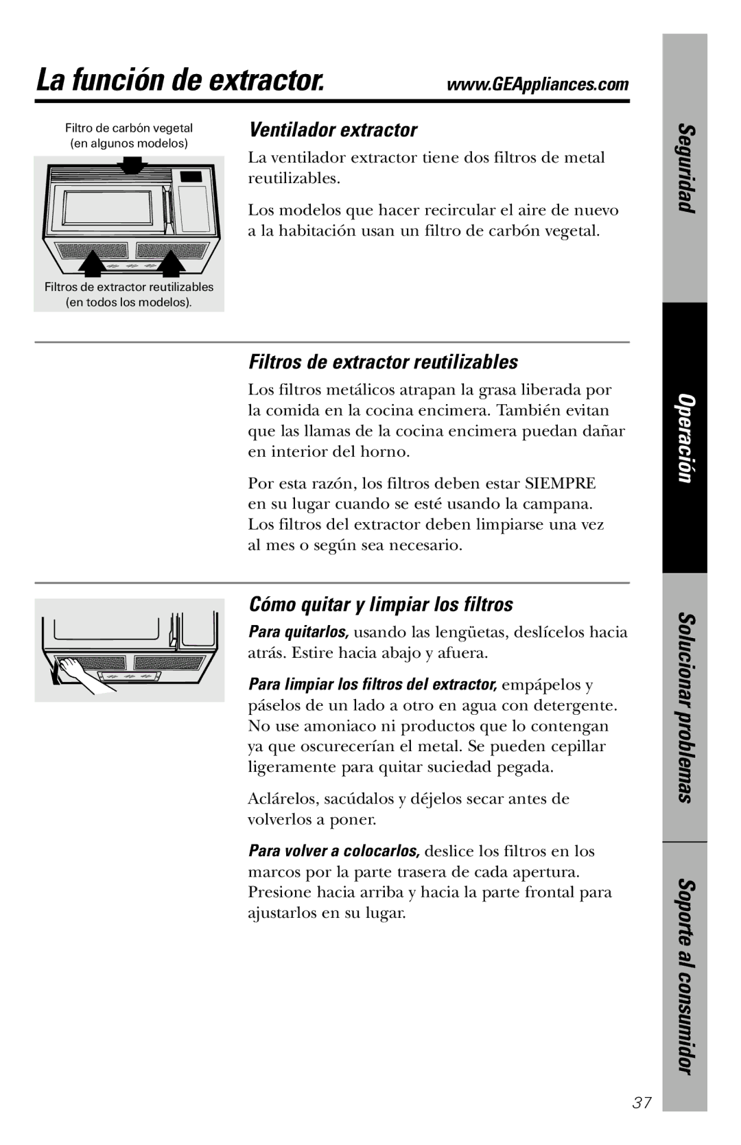 GE JVM1840 owner manual La función de extractor, Ventilador extractor, Filtros de extractor reutilizables 