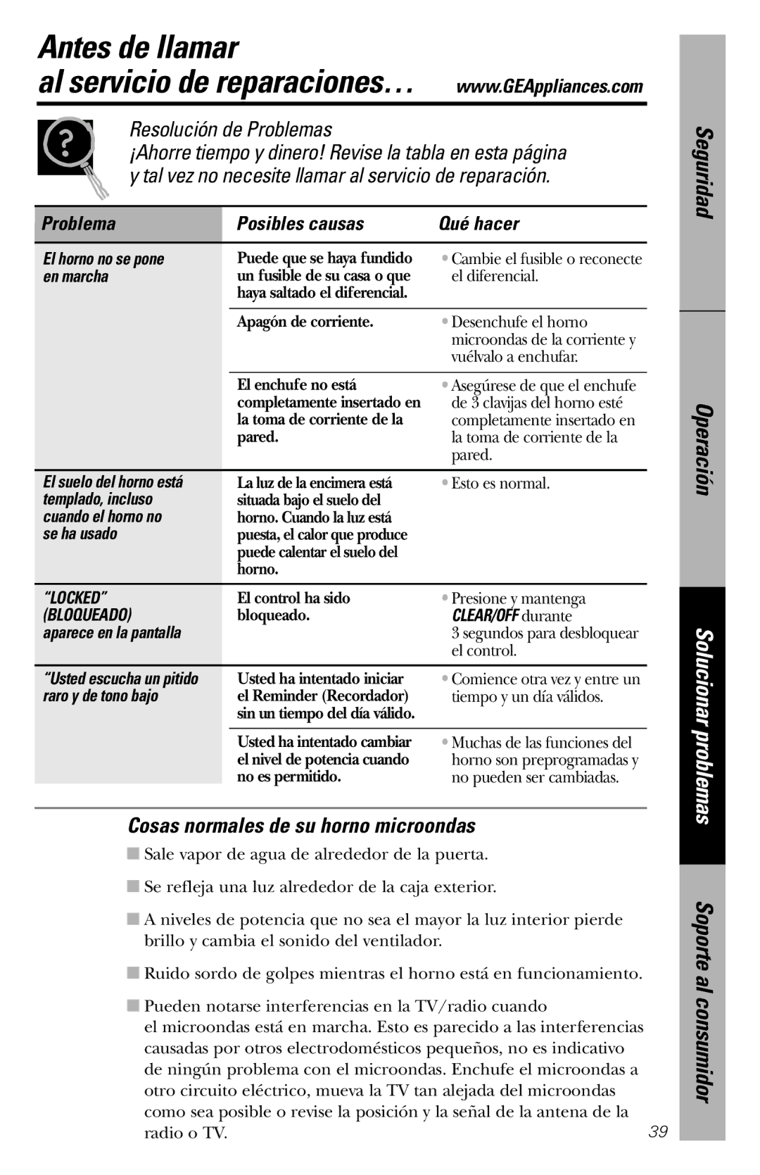 GE JVM1840 owner manual Antes de llamar, Cosas normales de su horno microondas, Problema Posibles causas Qué hacer 