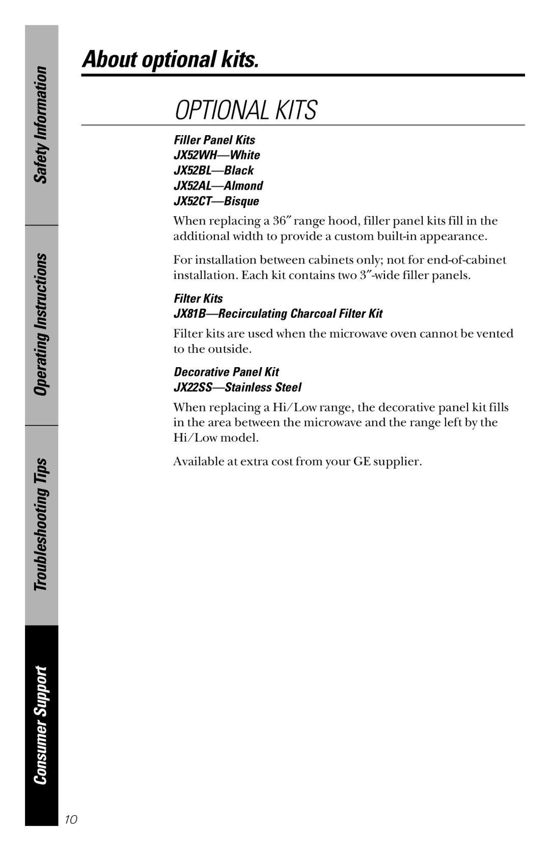 GE JVM1841 owner manual About optional kits, Filter Kits JX81B-Recirculating Charcoal Filter Kit 