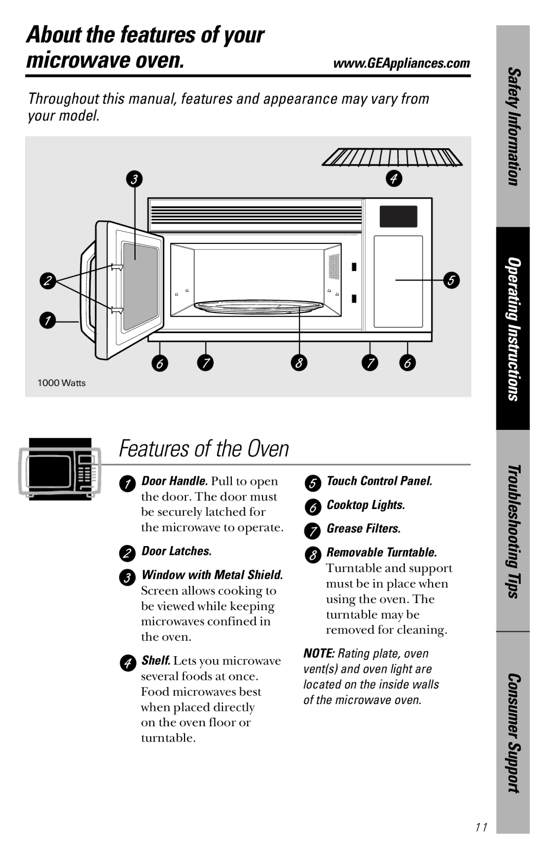 GE JVM1841 owner manual About the features of your Microwave oven, Features of the Oven 