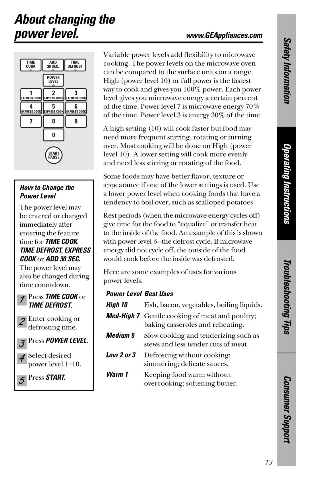 GE JVM1841 owner manual About changing Power level, How to Change the Power Level, Press Time Cook or, Press Power Level 