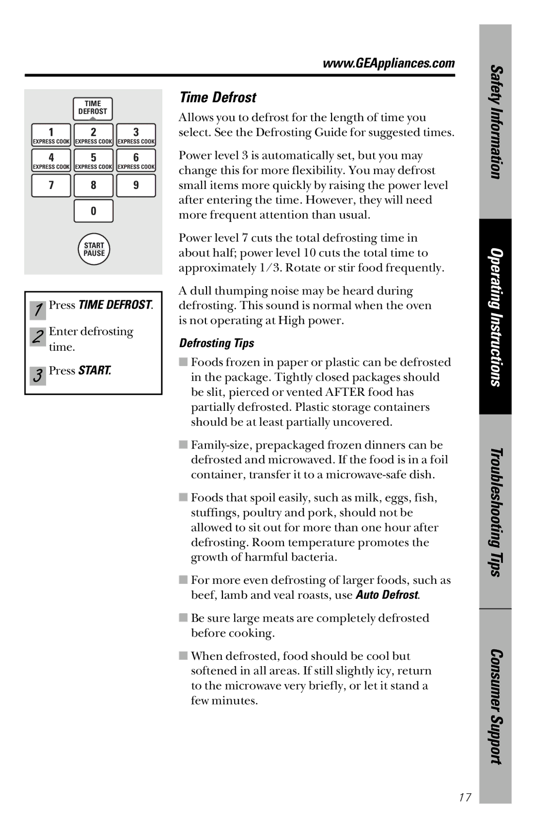 GE JVM1841 owner manual Press Time Defrost, Defrosting Tips 