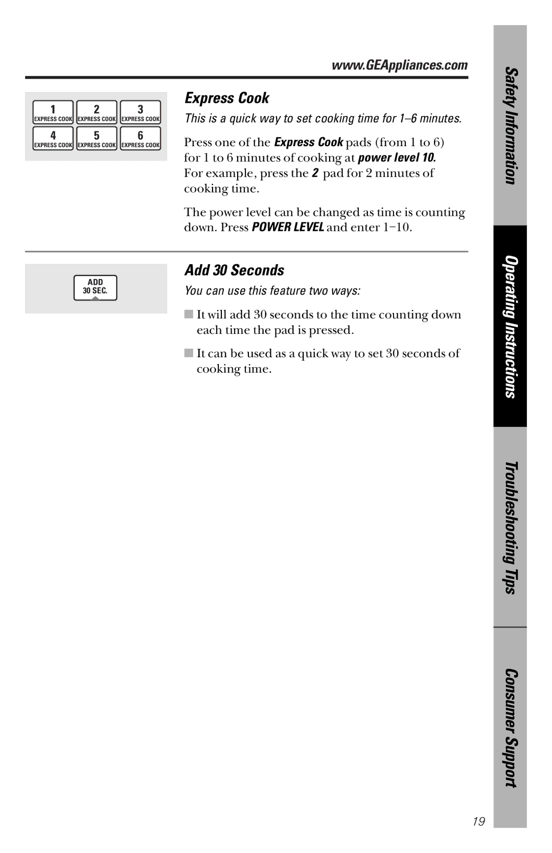 GE JVM1841 owner manual Express Cook, Add 30 Seconds 